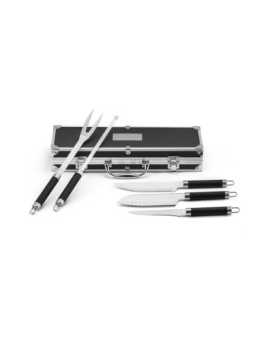 VALASTRO. Kit churrasco em estojo de alumínio com 5 utensílios em aço inox e alumínio