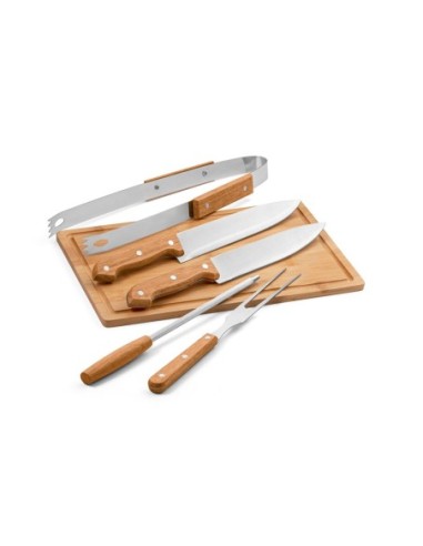 GARLIC KING. Kit churrasco em estojo de 210D e tábua em bambu com 5 utensílios em aço inox e madeira