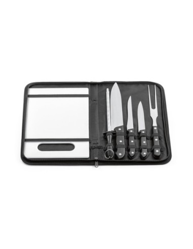 BOTALY. Kit churrasco em estojo de nylon 210D com tábua em PP e 5 utensílios em aço inox e PP